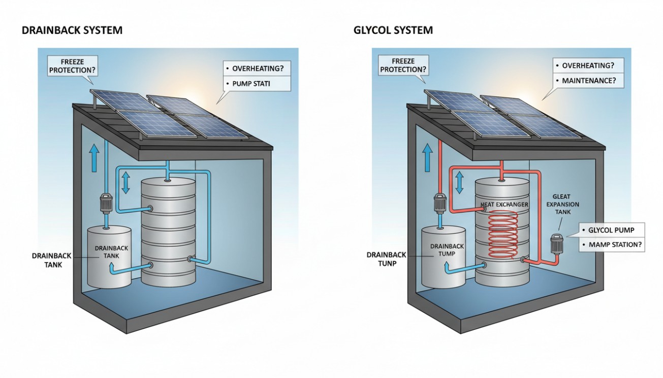 Side-by-side drainback and glycol solar water heating system layout comparing freeze protection, overheating concerns, pump station design, maintenance needs, and tank configuration